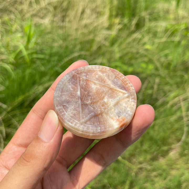 Natural Crystal Sunstone Moonstone All-Seeing Eye Disc Carving
