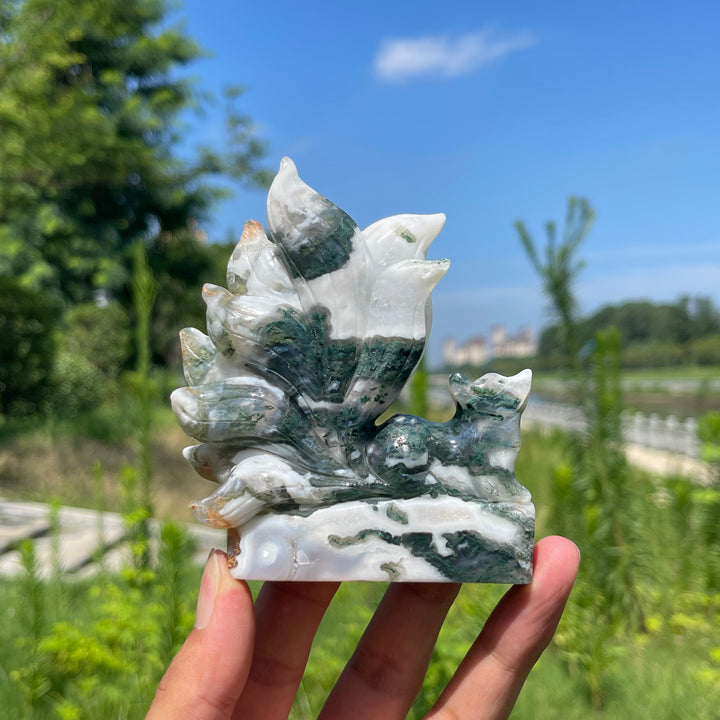 Unique,Natural Crystal Moss Agate Nine-Tailed Fox Carving