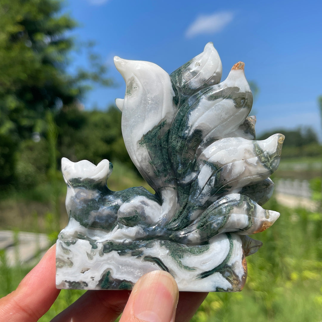 Unique,Natural Crystal Moss Agate Nine-Tailed Fox Carving