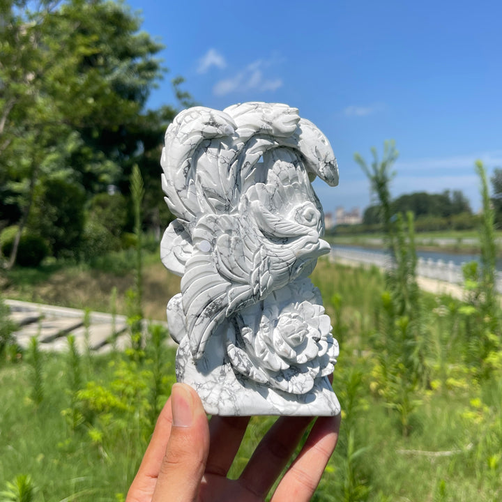 Unique,A Slightly Imperfect Natural Crystal Howlite Phoenix Carving