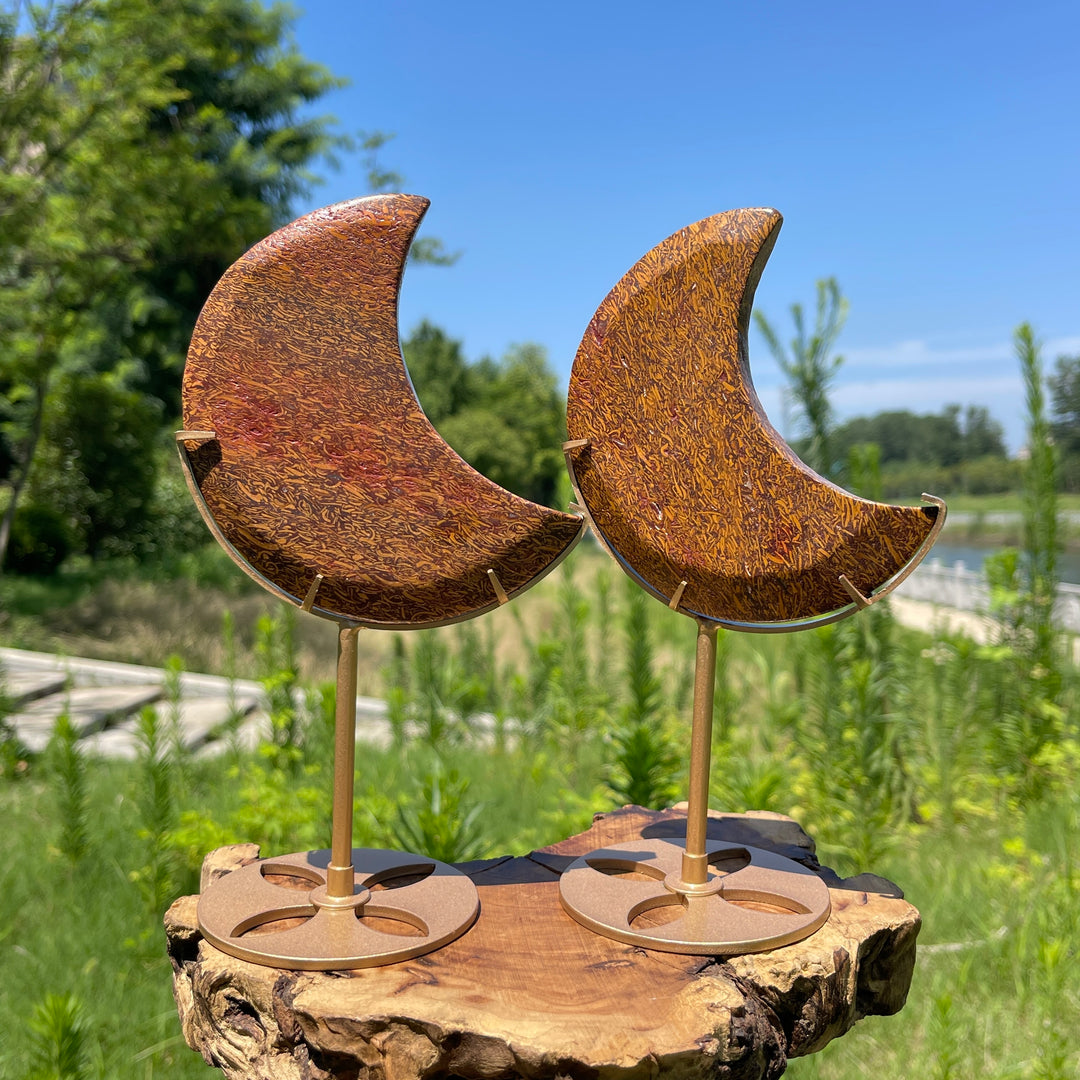 Unique,Natural Calligraphy Jasper Crescent Moon With Stand