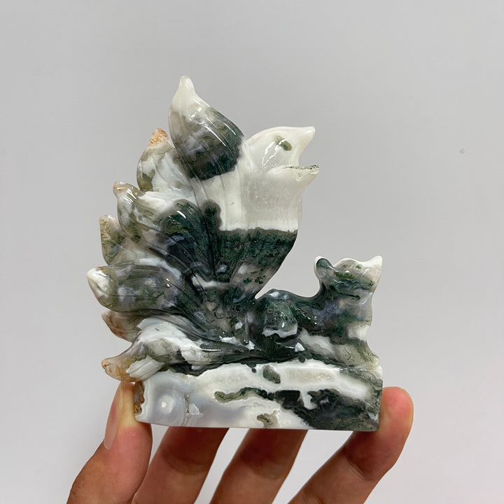 Unique,Natural Crystal Moss Agate Nine-Tailed Fox Carving