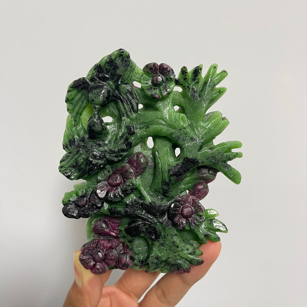 Unique,Natural Crystal Lush Ruby In Zoisite Bird With Blossom Carving