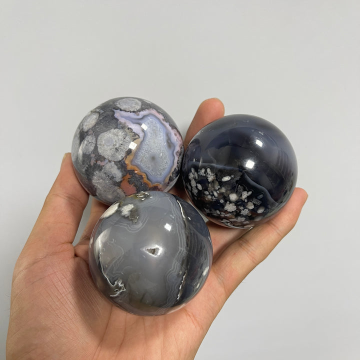 Natural Crystal Black Flower Agate Sphere
