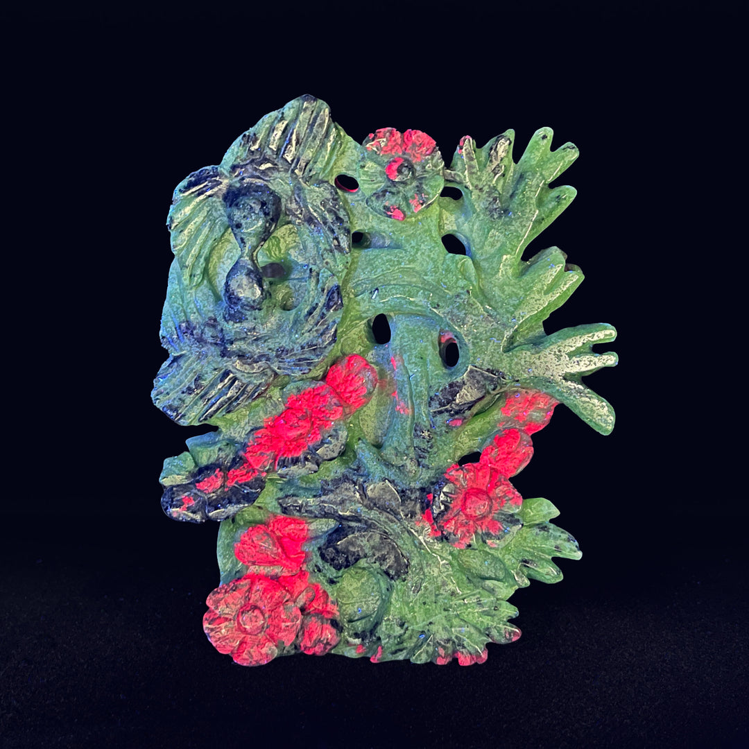 Unique,Natural Crystal Lush Ruby In Zoisite Bird With Blossom Carving