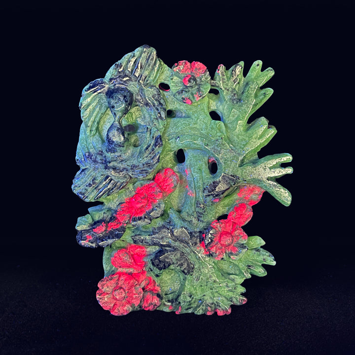 Unique,Natural Crystal Lush Ruby In Zoisite Bird With Blossom Carving