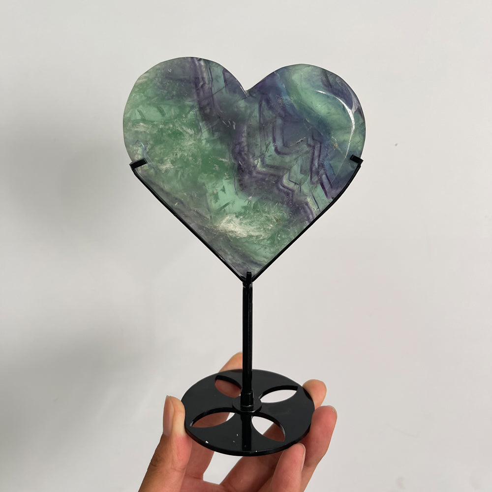 Unique,Natural Crystal Feather Fluorite Heart With Stand