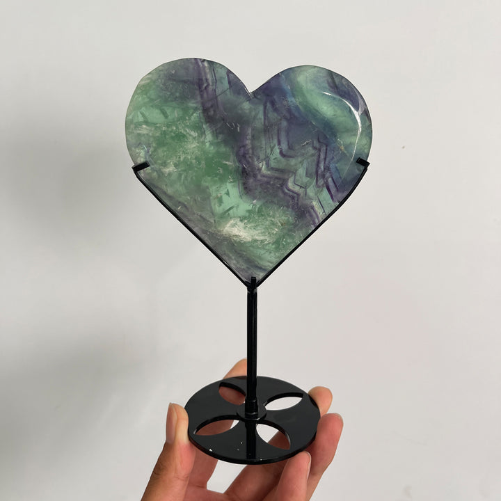 Unique,Natural Crystal Feather Fluorite Heart With Stand