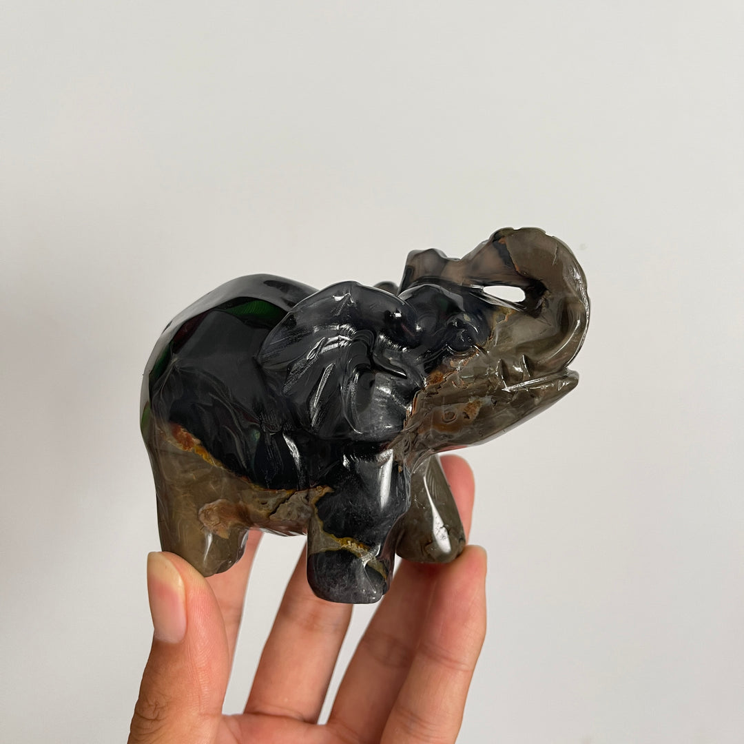 A Slightly Imperfect Natural Volcanic Agate Trunk-Up Elephant Carving