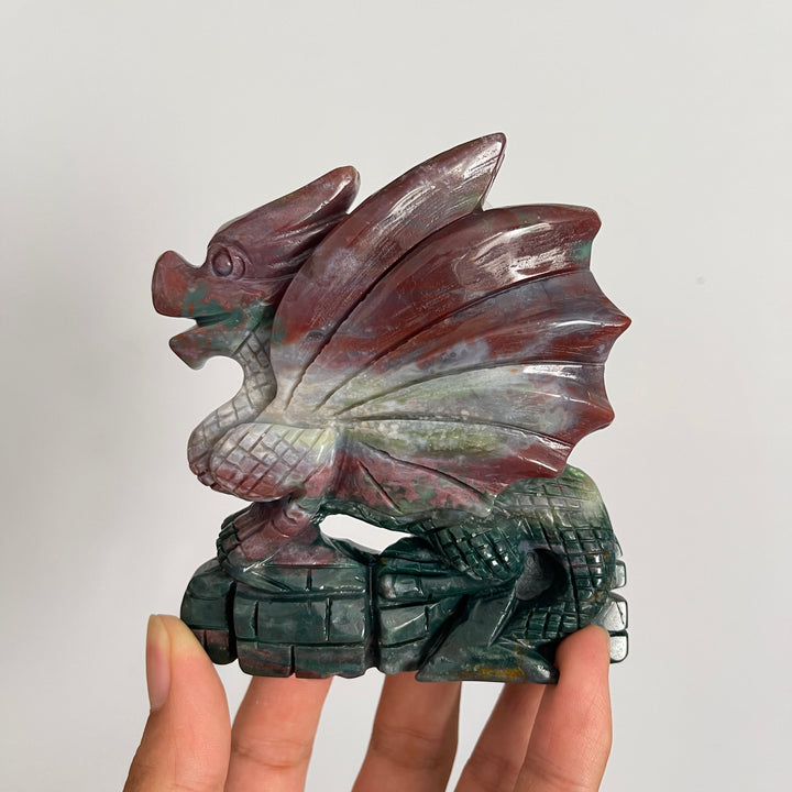 Unique,Natural Crystal Vibrant Ocean Jasper Flying Dragon Carving