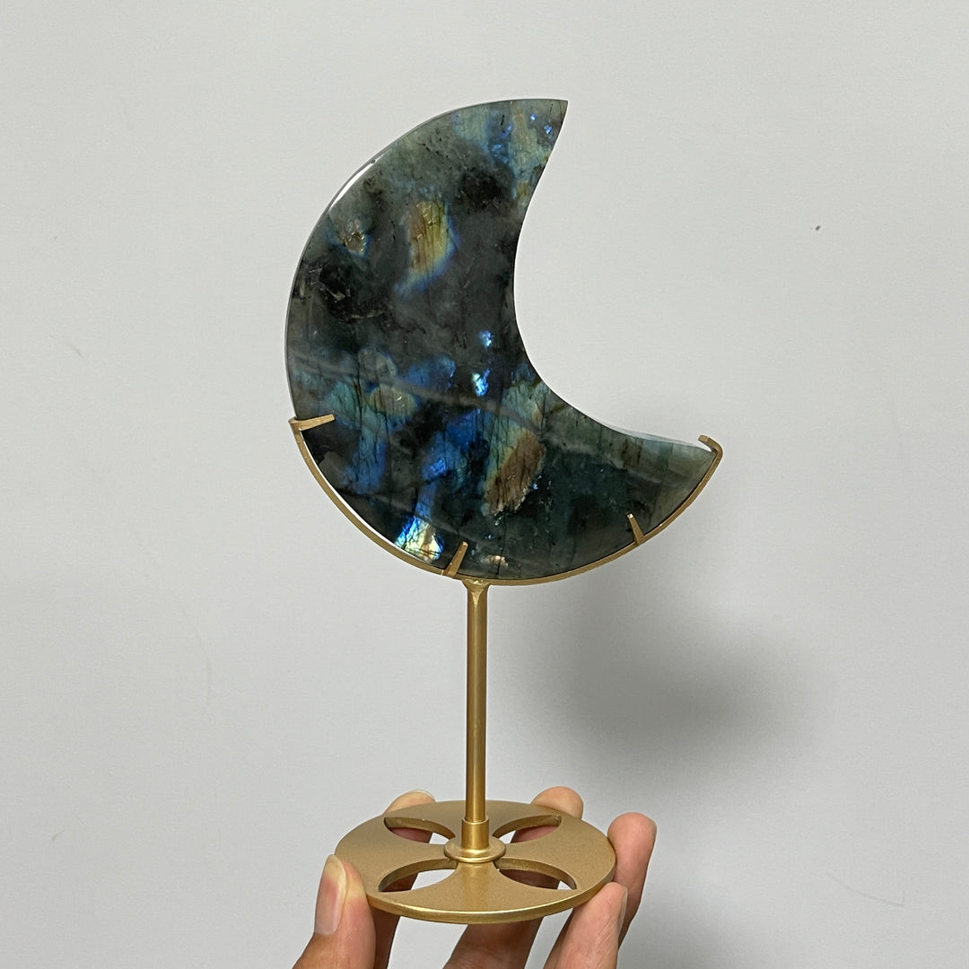 Unique,Natural Labradorite Crystal Moon With Stand
