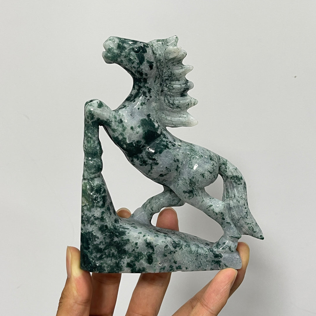 Unique,Natural Moss Agate Galloping Horse Carving