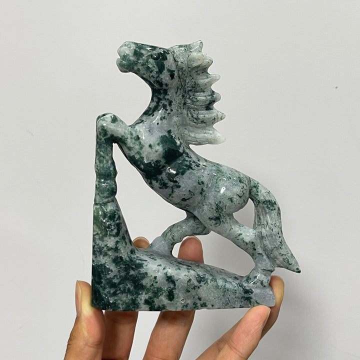 Unique,Natural Moss Agate Galloping Horse Carving