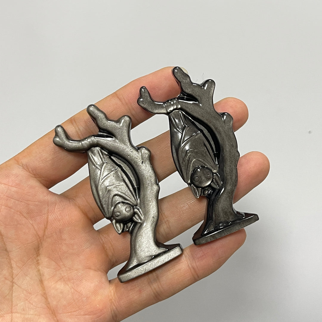 Natural Crystal Silver Obsidian Upside-Down Bat On Branch Carving