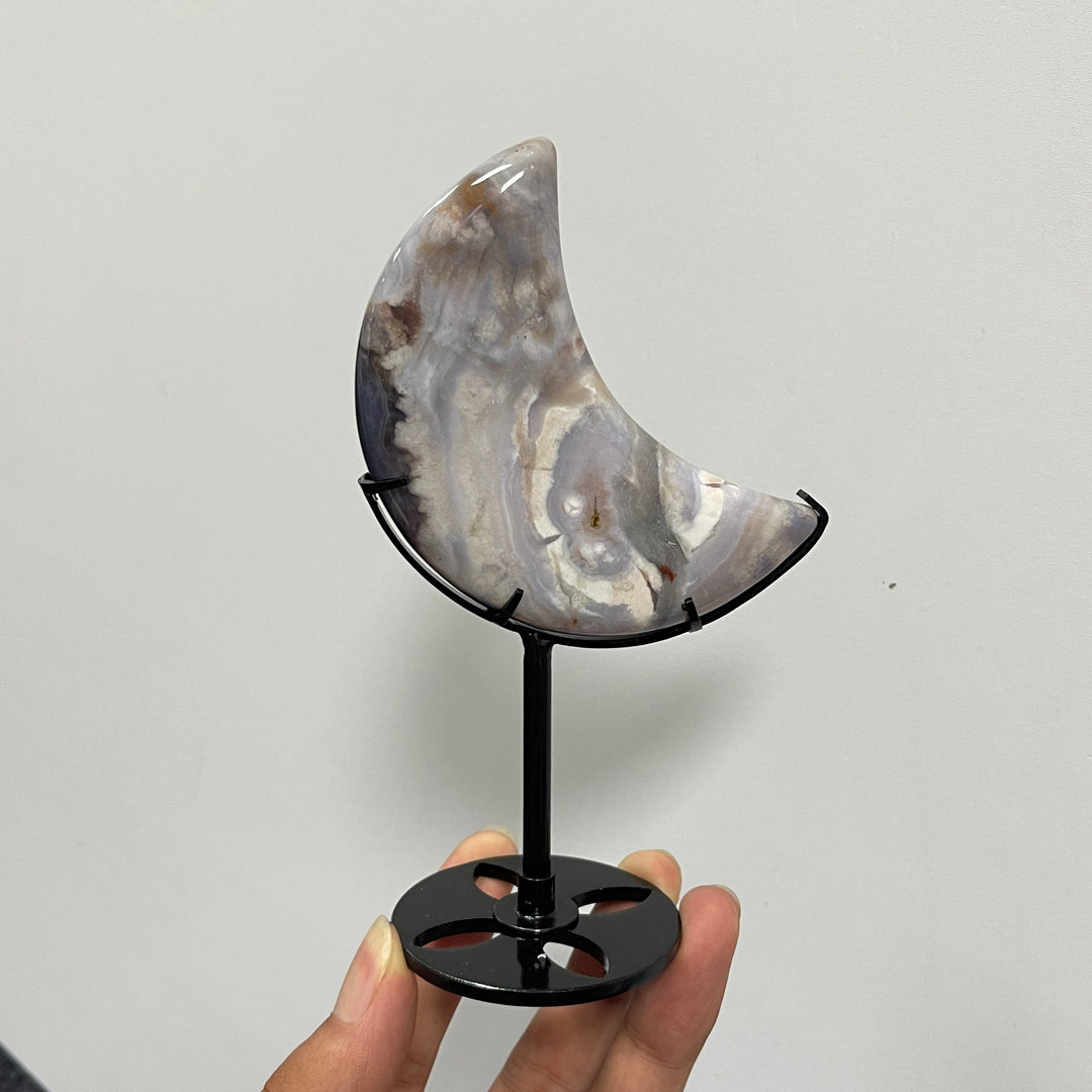 Unique,Natural Crystal Blue Flower Agate Moon With Stand