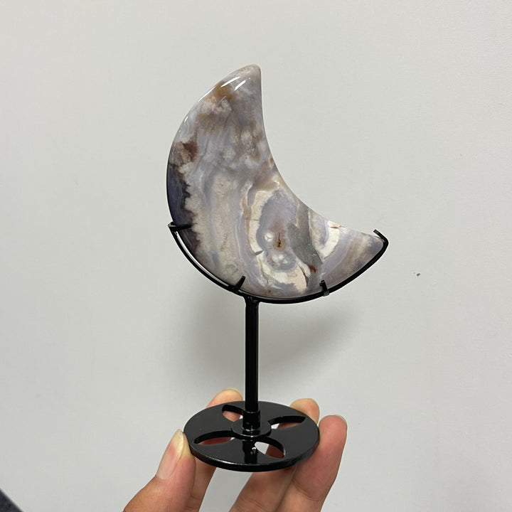 Unique,Natural Crystal Blue Flower Agate Moon With Stand
