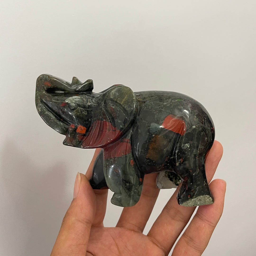 Unique,Natural Crystal African Bloodstone Upturned Trunk Elephant Carving