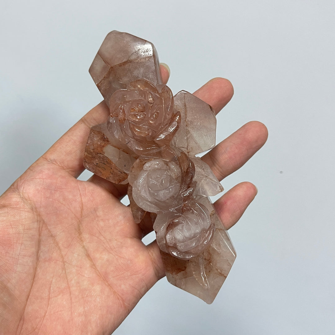 Natural Fire Quartz Flower Cross Carving
