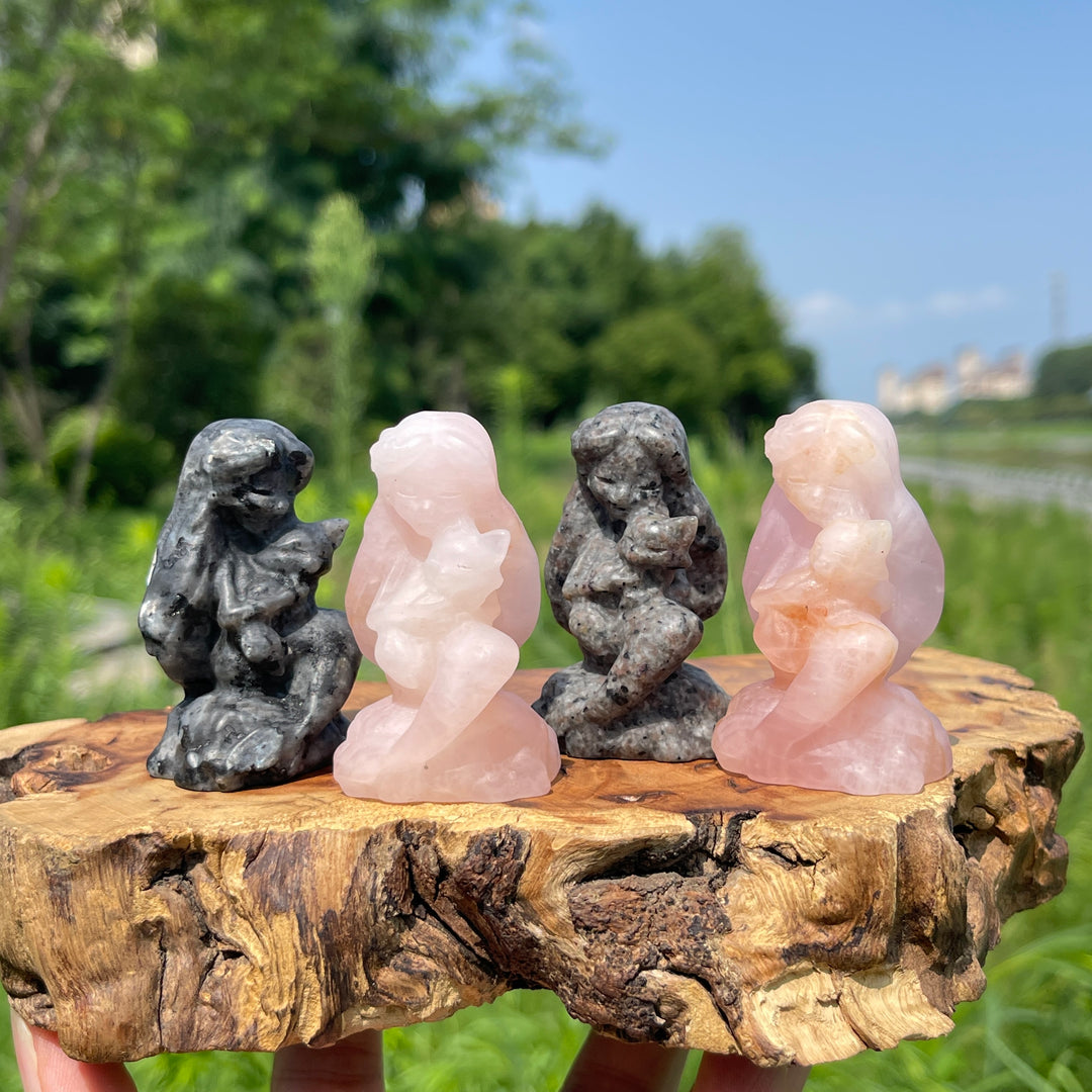Natural Crystal Mermaid Holding Nine-Tailed Fox Carving