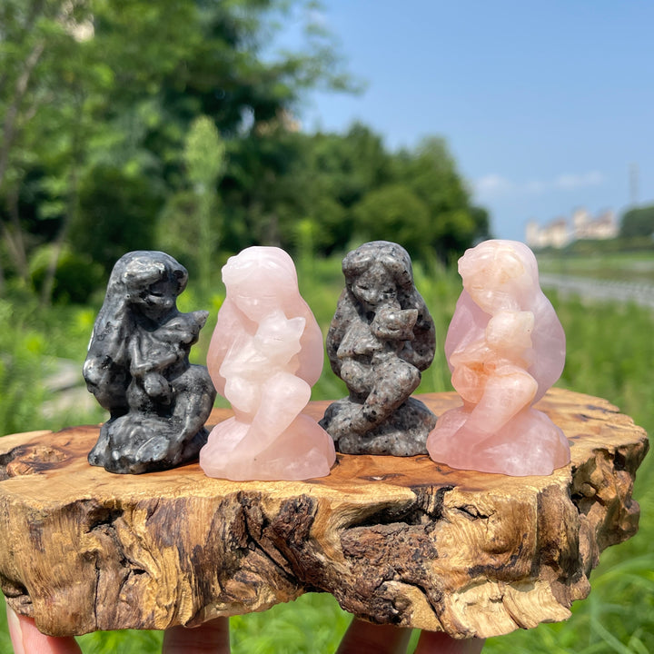 Natural Crystal Mermaid Holding Nine-Tailed Fox Carving