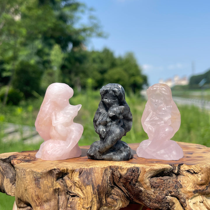 Natural Crystal Mermaid Holding Nine-Tailed Fox Carving