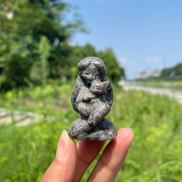 Natural Crystal Mermaid Holding Nine-Tailed Fox Carving