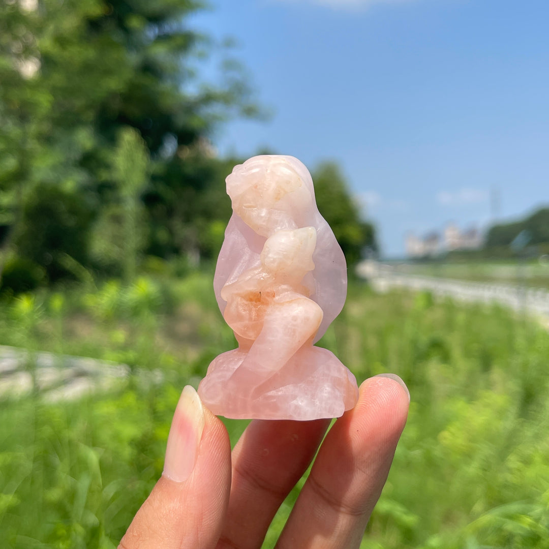 Natural Crystal Mermaid Holding Nine-Tailed Fox Carving