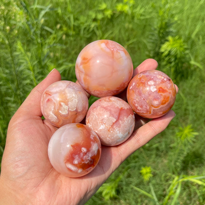 Natural Round Pink Flower Agate Crystal Sphere
