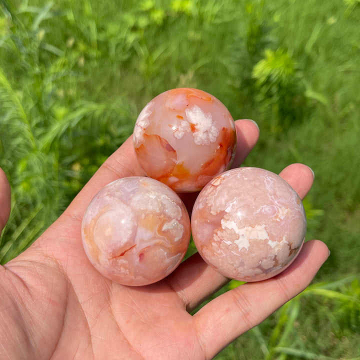 Natural Round Pink Flower Agate Crystal Sphere