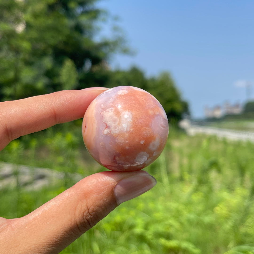 Natural Round Pink Flower Agate Crystal Sphere