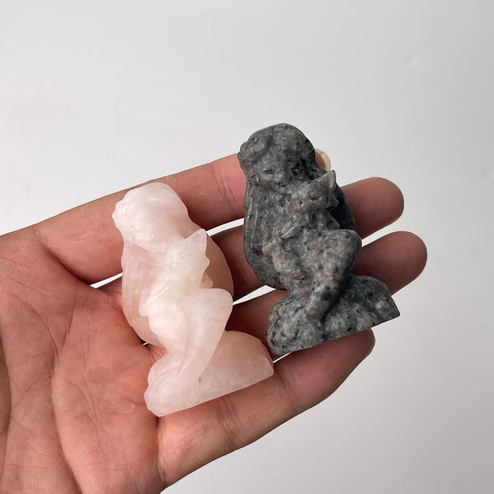 Natural Crystal Mermaid Holding Nine-Tailed Fox Carving