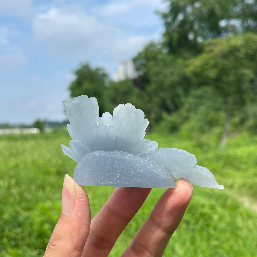 Tallado de Flor de Peonía en Cristal Anhidrita Natural y Único