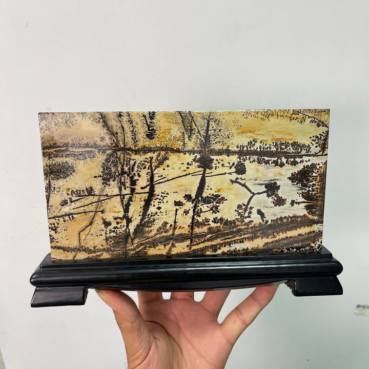 Unique,Natural Picture Jasper Landscape Ornament With Wood Base