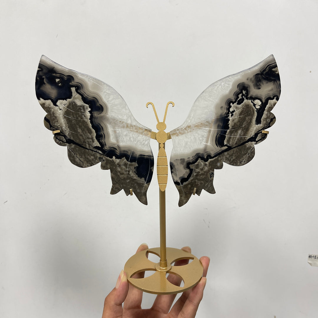 Unique,Natural Crystal Volcanic Agate Butterfly Wing With Stand