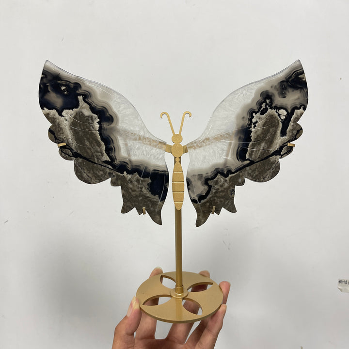 Unique,Natural Crystal Volcanic Agate Butterfly Wing With Stand