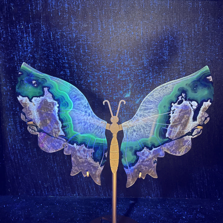 Unique,Natural Crystal Volcanic Agate Butterfly Wing With Stand