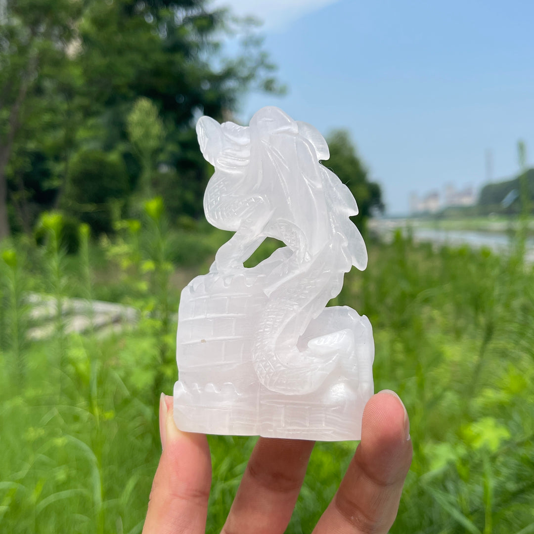 Natural Crystal Pink Calcite Flying Dragon Carving