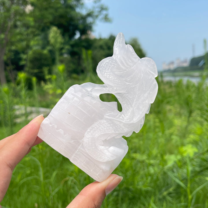 Natural Crystal Pink Calcite Flying Dragon Carving