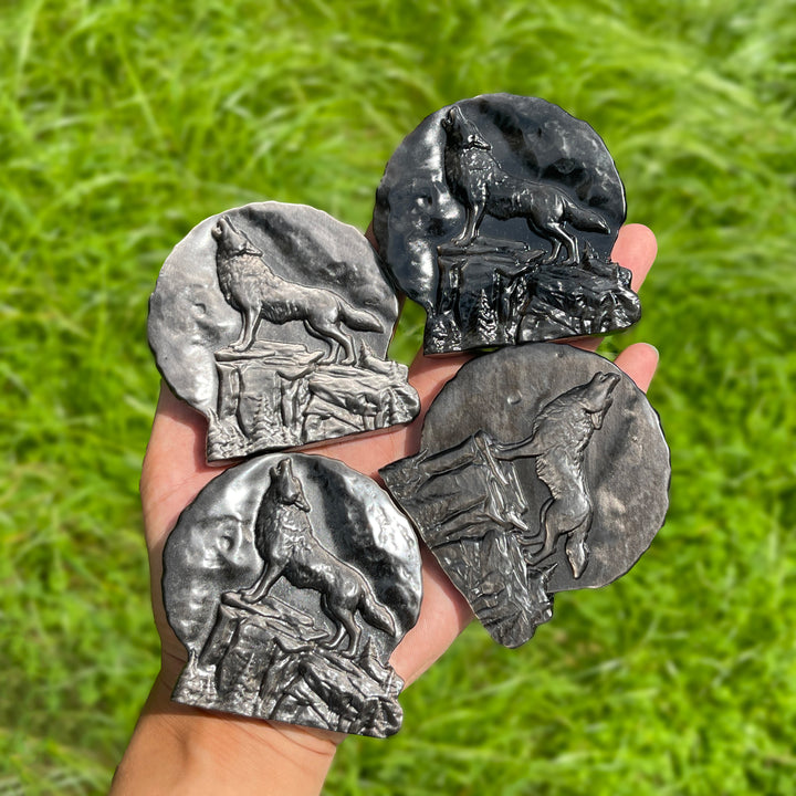 Natural Silver Obsidian Howling Wolf Plaque
