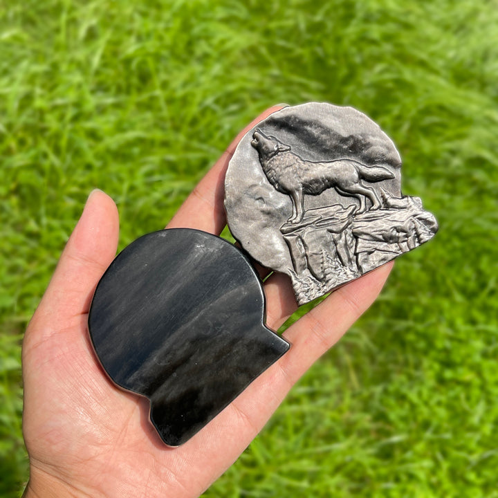 Natural Silver Obsidian Howling Wolf Plaque