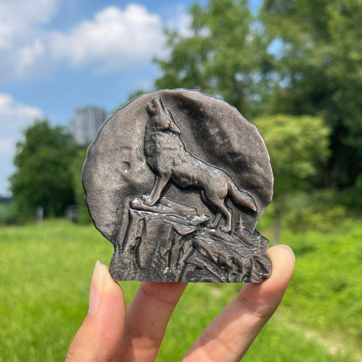 Natural Silver Obsidian Howling Wolf Plaque