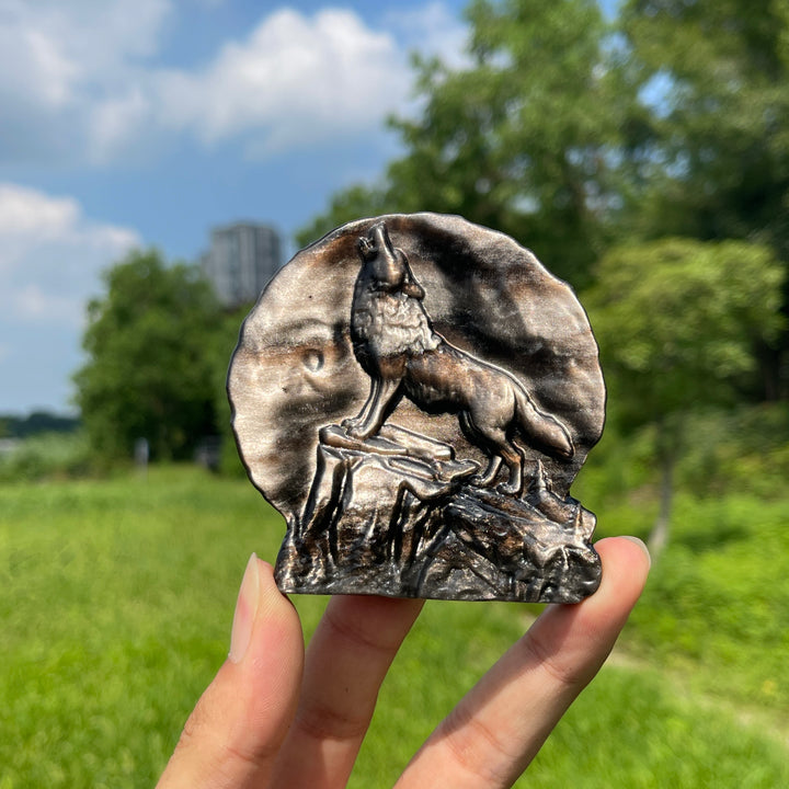 Natural Silver Obsidian Howling Wolf Plaque