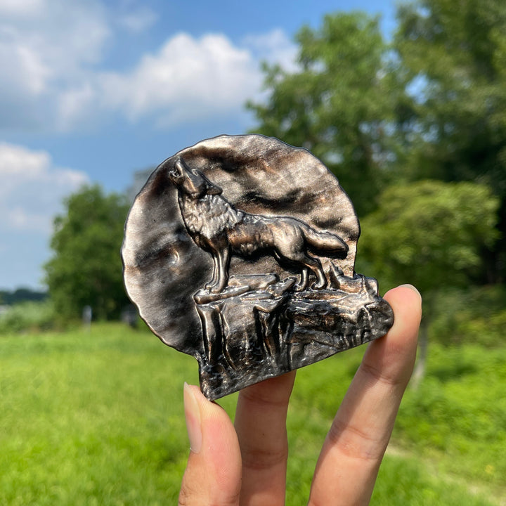 Natural Silver Obsidian Howling Wolf Plaque