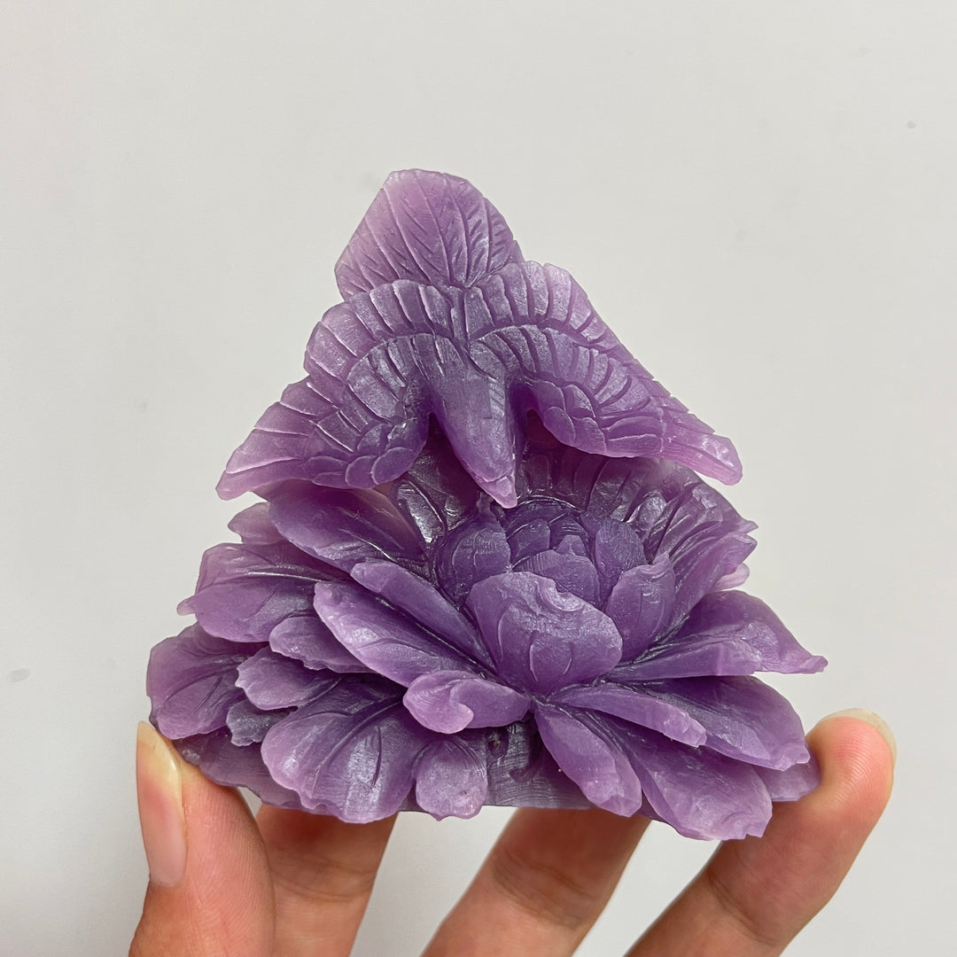 Unique,A Slightly Imperfect Natural Lepidolite Bird And Peony Carving