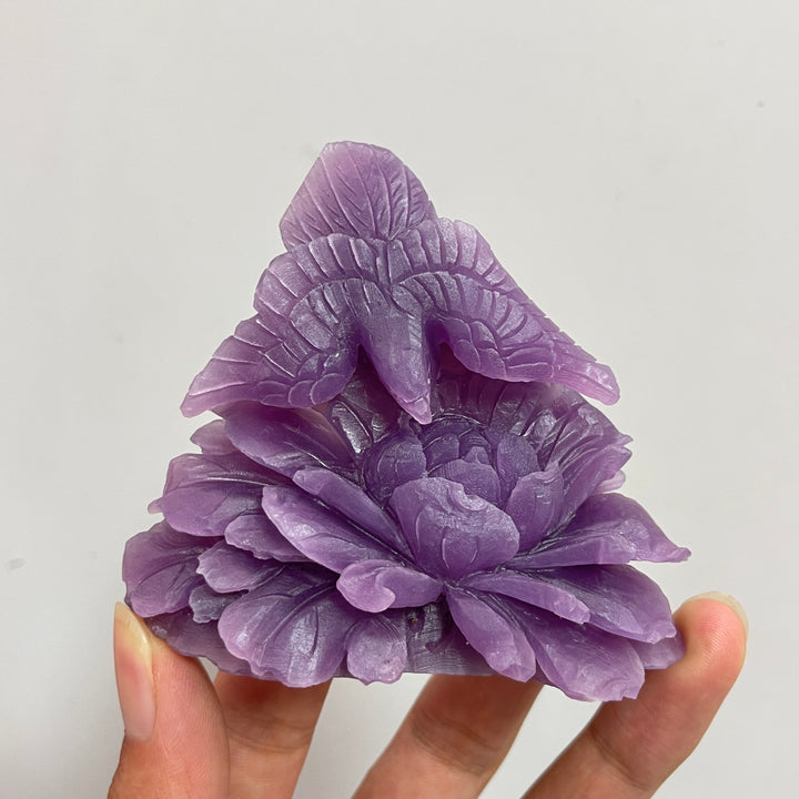 Unique,A Slightly Imperfect Natural Lepidolite Bird And Peony Carving