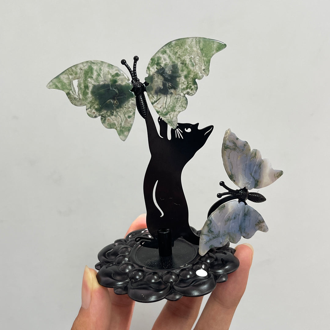 A Slightly Imperfect Natural Crystal Moss Agate Cat With Butterfly
