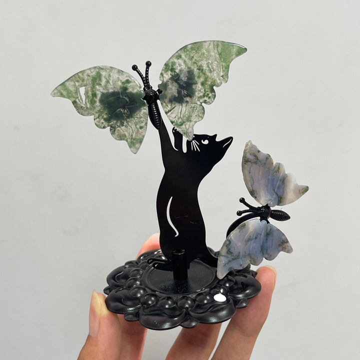 A Slightly Imperfect Natural Crystal Moss Agate Cat With Butterfly