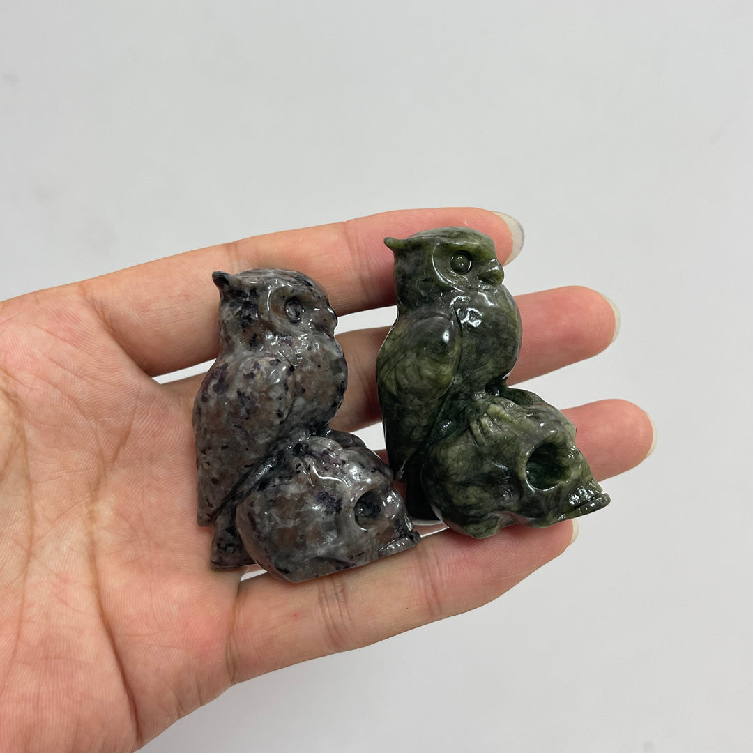 Natural Crystal Owl-On-Skull Carving