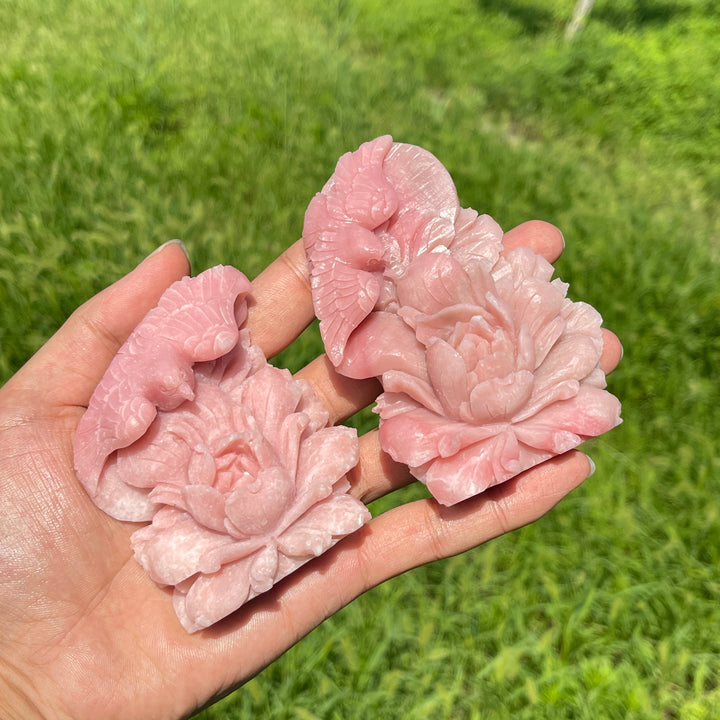 Unique,A Slightly Imperfect Natural Crystal Pink Opal Flower And Bird Carving