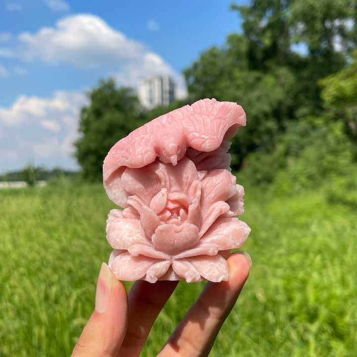 Unique,A Slightly Imperfect Natural Crystal Pink Opal Flower And Bird Carving